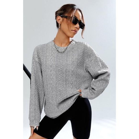 Azura Exchange  Gray Cable Textured Drop Shoulder Pullover Sweatshirt - Picture 6 of 7